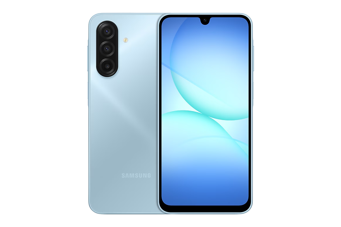 Samsung Galaxy A17 azul, vista frontal y trasera